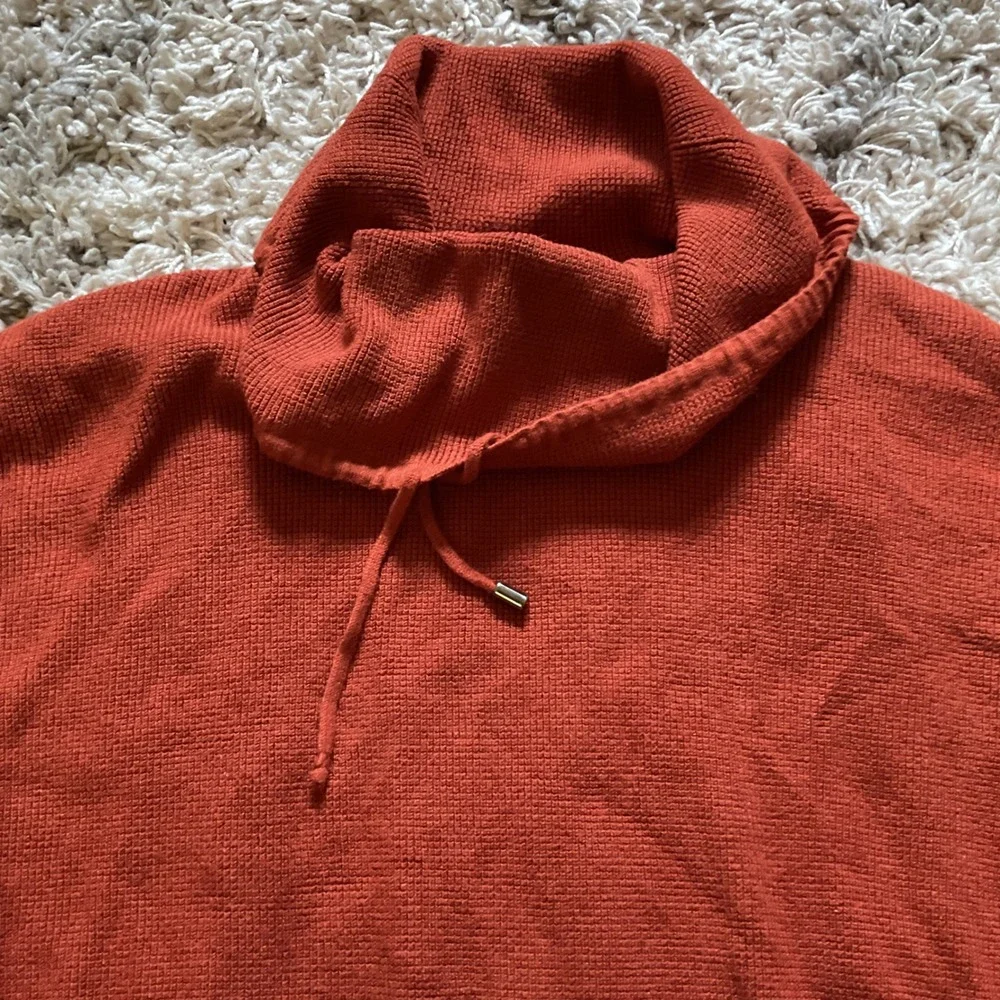 Jones New York Signature Rust Orange Waffle Knit Cowl Neck Drawstring Sweater M